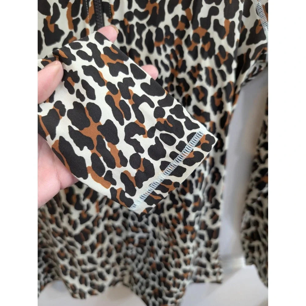 Tory Burch Rash Guard Women Small Leopard Print Brown‎ Long Sleeve Zip - Size S